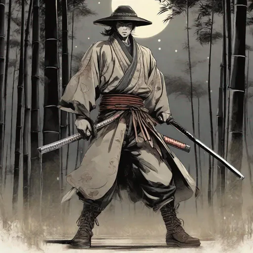 Prompt: Japanese cowboy in traditional attire with samurai sword, rugged bamboo forest setting, moonlit scene, dynamic pose, detailed boots, high quality, anime, western, dramatic lighting, warm tones, detailed, dynamic, traditional clothing, samurai sword, rugged forest, moonlight, leather boots