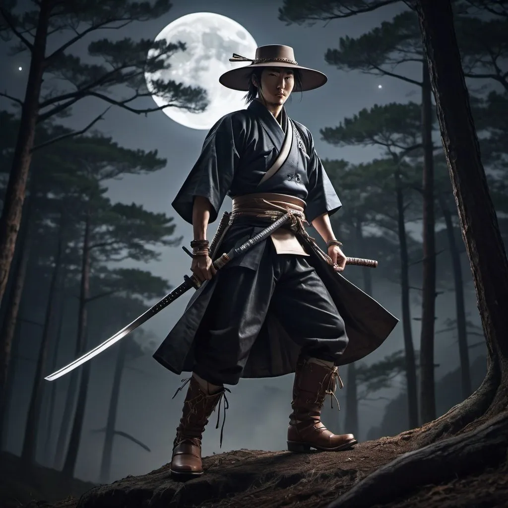 Prompt: Japanese cowboy in traditional attire, samurai sword, rugged forest, moonlight, dynamic pose, detailed, high quality, anime, western, rugged leather boots, warm tones, dramatic lighting, moonlit scene, traditional clothing, dynamic composition