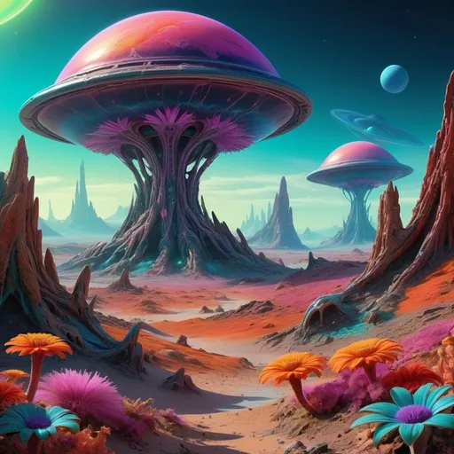 Prompt: Surreal landscape on a distant planet, digital art, alien terrain, vibrant colors, fantastic flora and fauna, ultra-detailed, highres, surreal, alien, digital art, vibrant colors, otherworldly, intricate details, dreamlike lighting