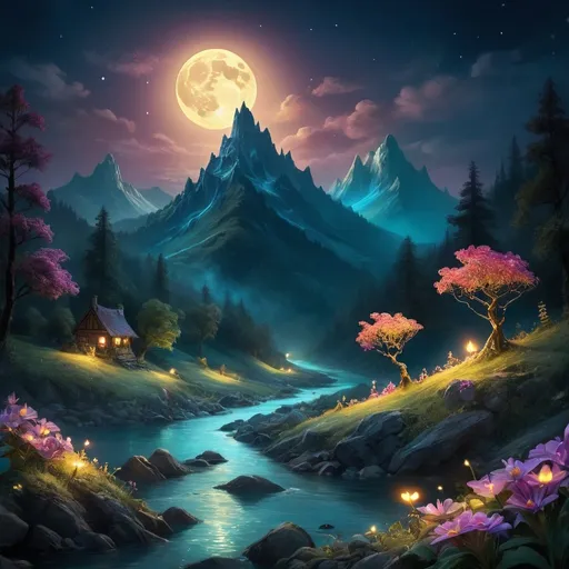 Prompt: Mountain with glowing river, in the style of delacroix, magical creatures, fireflies, moonlit flowers, highres, fantasy, ethereal lighting, detailed nature, mystical, moonlit river, enchanting atmosphere, glowing flora, serene, dreamlike, fantasy creatures, moonlit scene, magical beings, surreal, whimsical, illuminated hill, mystical setting, moonlit landscape, fairytale, vibrant colors, soft moonlight, illustration, photograph