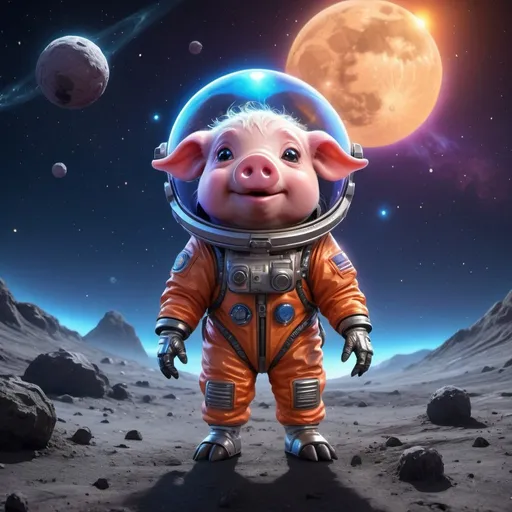 Prompt: ((best quality)), ((illustration)), ((masterpiece)), bright  colors, unreal engine, highres, cute alien creature on the surface of the moon, with tiny pet pig in a space suit, glowing blue orange and purple; meteor shower in background, highly detailed
