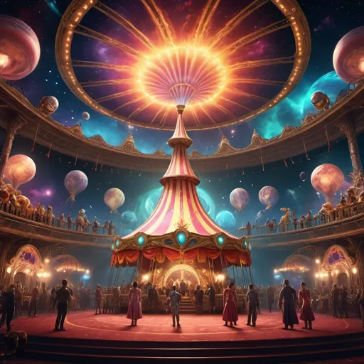 Prompt: Space circus with cute aliens.  The image should convey a sense of regal majesty, power, and dominance, reflecting the noble lineage and formidable nature of House Draconis.