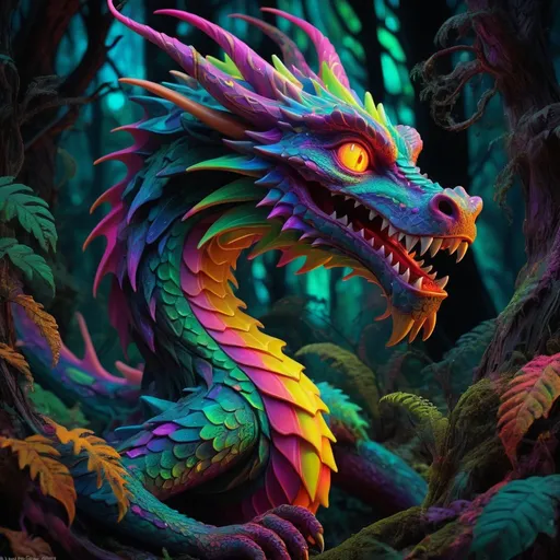 Prompt: Psychedelic dragon in deep dark forest, vibrant colors, swirling patterns, detailed scales and textures, high quality, digital painting, surreal, neon tones, otherworldly atmosphere, glowing eyes, multi-dimensional, intense and immersive, fantasy, psychedelic, vibrant colors, detailed scales, surreal, neon tones, immersive lighting
