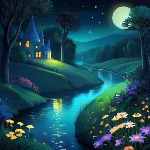 Prompt: Hill with glowing river, in the style of Klimt, magical creatures, fireflies, moonlit flowers, highres, fantasy, ethereal lighting, detailed nature, mystical, moonlit river, enchanting atmosphere, glowing flora, serene, dreamlike, fantasy creatures, moonlit scene, magical beings, surreal, whimsical, illuminated hill, mystical setting, moonlit landscape, fairytale, vibrant colors, soft moonlight, illustration,