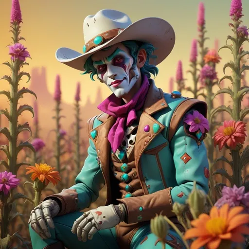 Prompt: Cowboy jester, surreal floral landscapes, high-tech cultivation, cybernetic workers, best quality, highres, ultra-detailed, futuristic, warm ambient lighting, aesthetics, ambient lighting, surreal, cybernetic, floral landscapes, cowboy jester, high-tech cultivation, detailed, warm tones