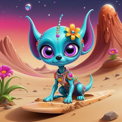 Prompt: Whimsical, cute moon doggie alien, cartoon style, surfing the sand waves on Mars, girlie ultra colorful diamond and gems bling, vibrant colors, large expressive eyes, playful demeanor, alien flowered landscape, otherworldly plants, best quality, high resolution, vibrant, cartoon, cute, whimsical, otherworldly, playful, expressive eyes, alien landscape, vibrant colors, professional