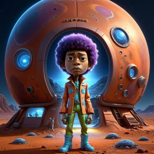 Prompt: Jimi Hendrix as a Martian standing in front of small dwelling on Mars, blue moonlight, detailed facial features, futuristic sci-fi illustration, vibrant colors, imaginative, highres, ultra-detailed, alien, LGBTQ+, unique design, atmospheric lighting, otherworldly, futuristic fashion, cosmic landscape