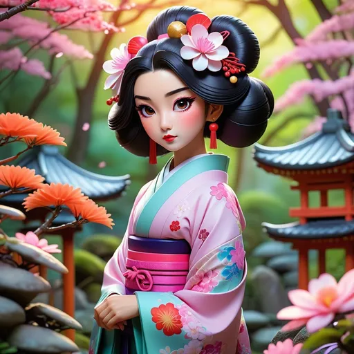 Prompt: Anime version of geisha in a beautiful Japanese garden with brightly colored flowers in a bright colored forest, dusk, detailed character design, detailed pet features, whimsical anime style, pastel tones, soft lighting, mystical atmosphere, fantasy, detailed floral elements, highres, anime, fantasy, pastel tones, whimsical, detailed character, detailed pet, soft lighting, mystical atmosphere
