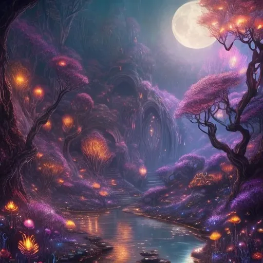 Prompt: Hill with glowing river, magical creatures, moonlit flowers, highres, fantasy, ethereal lighting, detailed nature, mystical, moonlit river, enchanting atmosphere, glowing flora, serene, dreamlike, fantasy creatures, moonlit scene, magical beings, surreal, whimsical, illuminated hill, mystical setting, moonlit landscape, fairytale, vibrant colors, soft moonlight