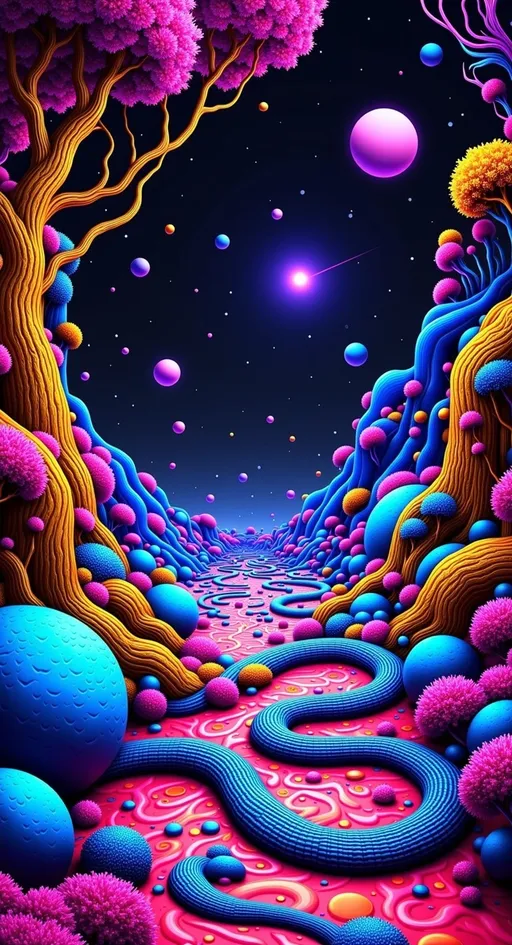 Prompt: Imagine a 3D space  landscape that feels like a surreal, cosmic space. The floor is a mesmerizing op art pattern, whirling orbs, wrigling snakes,  reminiscent of Escher's impossible geometry, drawing the eye into infinity. This ground level is alive with fractal mathematics, creating a sense of endless depth and complexity.

The walls of this room are formed by a delicate lattice of microscopic structures, showcasing the intricate beauty of diatoms and radiolarians. These microscopic choices are woven together with the organic textures of mold and lichen, giving the space a living, breathing quality that speaks to the interconnectedness of life.


This cosmic room is further enriched by elements of copper and gold, their warm hues contrasting with the cool blues and silvers of the space. The air is filled with a sense of quantum possibilities, where particles dance in a state of superposition, creating an atmosphere of wonder and curiosity.

---

I hope this prompt gives you the inspiration you need to create a truly unique and captivating scene! If you want me to whip up an image from this prompt, just say the word!