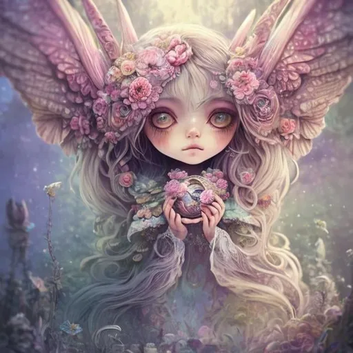 Prompt: soft and flowery fantasy creature in a bohemian, mystical, and eerie landscape, detailed eyes, vibrant colors, intricate patterns, highres, celestial, retro, chibi, flying magic insects, kawaii, whimsical, intricate patterns, vibrant colors, best quality, highres, mystical, eerie, bohemian, detailed eyes, retro, chibi, celestial, vibrant colors, intricate patterns, magic