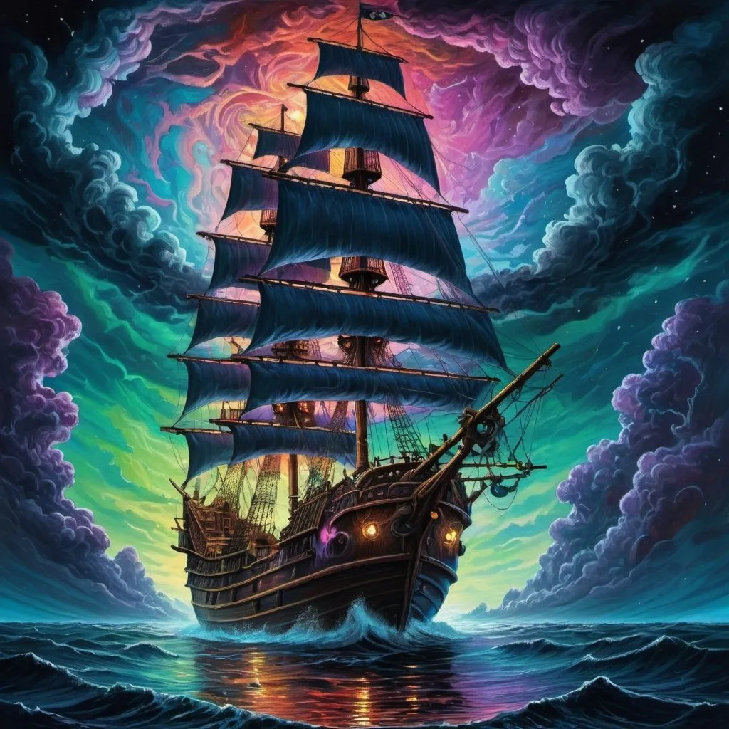 Prompt: Psychedelic contemporary artwork of Long John Silver on pirate ship, far out at sea in tremendous storm at night, Nicole Wharton's transformation, centered, painted, symmetry, intricate, volumetric lighting, dan mumford, marc simonetti style, astrophotography, rich deep colors, ultra detailed, sharp focus, beautiful masterpiece, psychedelic, contemporary, transformation, symmetry, intricate details, volumetric lighting,astrophotography, deep colors, ultra detailed, sharp focus