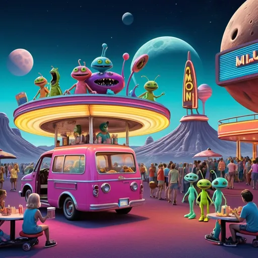 Prompt: outdoor movie theater on the moon with cute multi-colored alien carhop creatures, monsters and aliens watching movie on large screen , carhop on roller skates serving food,  futuristic neon-lit environment, high-tech 3D rendering, vibrant colors, whimsical alien creatures, towering structure, detailed alien food, vivid lighting, high quality, 3D rendering, futuristic, vibrant neon colors, whimsical, detailed environment