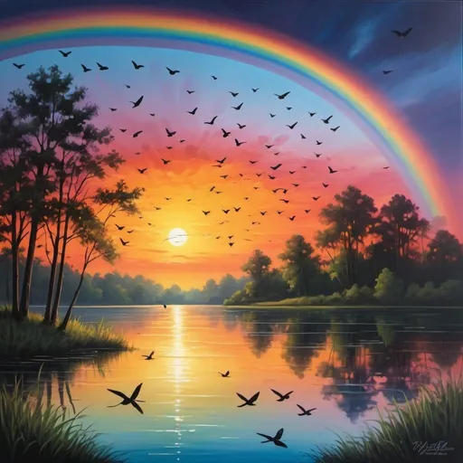 Prompt: Capture the breathtaking beauty of a sunset over a serene lake, fireflies in flight, with vibrant hues painting the sky and reflecting off the calm waters. Silhouettes of trees and birds add depth to the scene, evoking a sense of tranquility and wonder in the viewer's mind., Overdimensional, Rainbow,