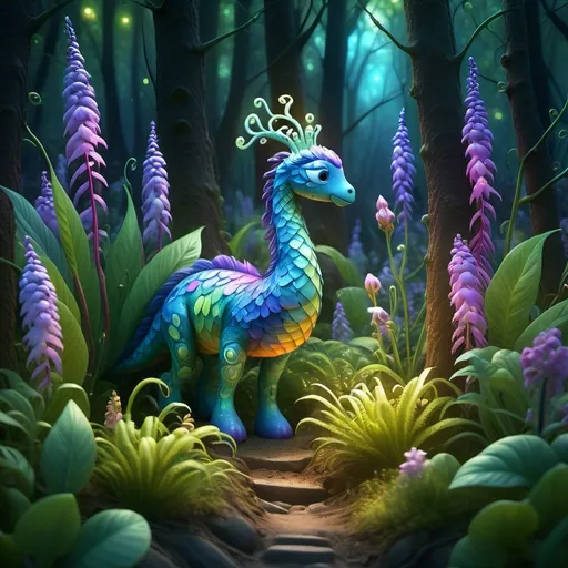 Prompt: Fantasy-style illustration of a majestic Haworthiopsis attenuata, surreal magical forest setting, vibrant and lush flora, iridescent leaves with shimmering details, enchanting glowing flowers, whimsical fantasy creature interacting with the plant, intricate details, high quality, fantasy, magical, vibrant colors, surreal, whimsical, lush flora, iridescent, shimmering, enchanting, whimsical creature, intricate details, professional, atmospheric lighting