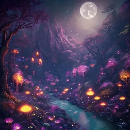 Prompt: Hill with glowing river, magical creatures, moonlit flowers, highres, fantasy, ethereal lighting, detailed nature, mystical, moonlit river, enchanting atmosphere, glowing flora, serene, dreamlike, fantasy creatures, moonlit scene, magical beings, surreal, whimsical, illuminated hill, mystical setting, moonlit landscape, fairytale, vibrant colors, soft moonlight