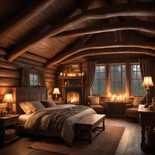 Prompt: Deep forest cottage bedroom, candlelit, fireplace, cozy atmosphere, stormy weather, warm and inviting, highres, detailed, atmospheric, cozy, glowing ambience, traditional, rustic, warm tones, candlelight, stormy weather, detailed woodwork, cozy interior, peaceful