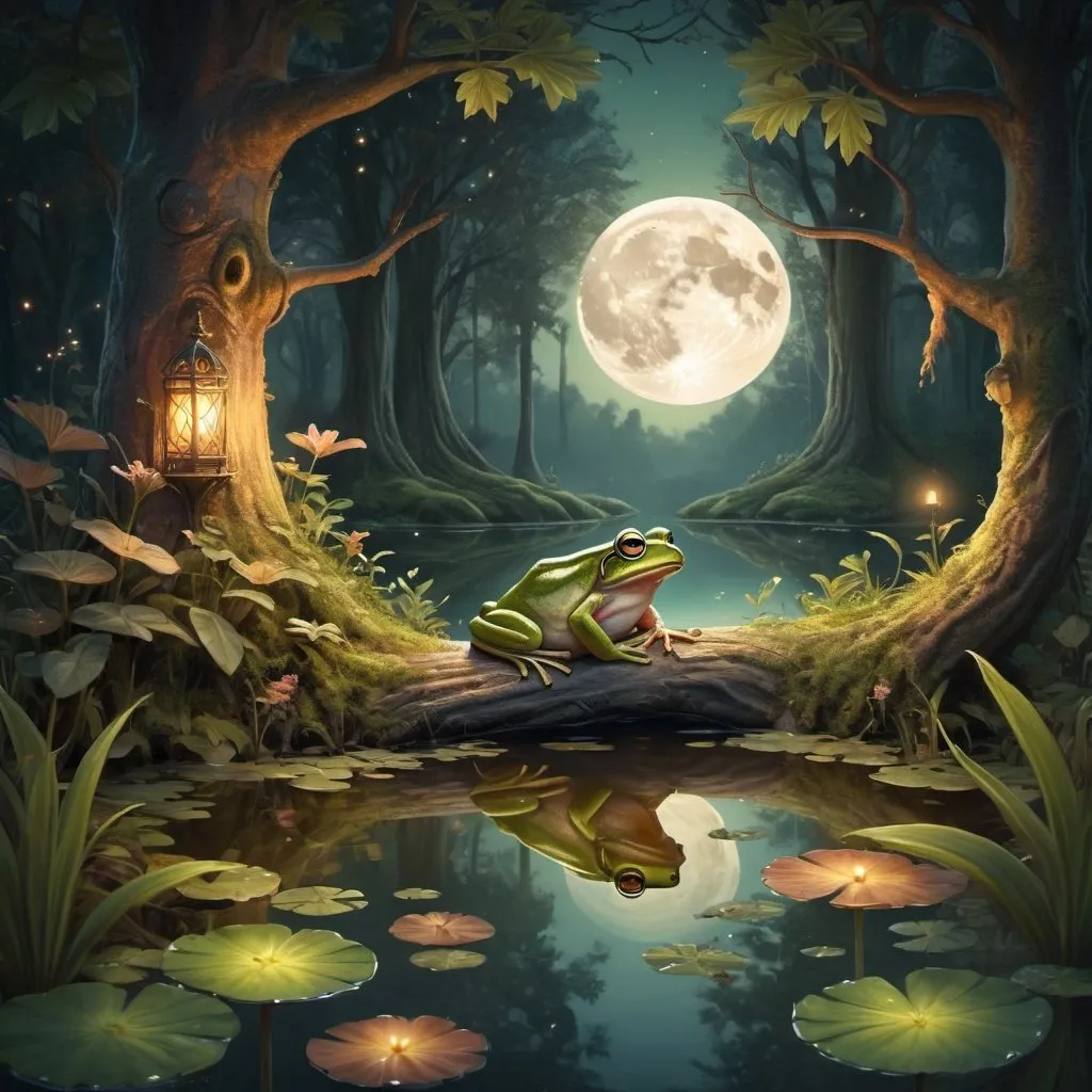 Prompt: Fantasy illustration of a magical forest, mysterious moon, cozy atmosphere, warm tones, high quality, enchanting lighting, frog in a pond, detailed foliage, mystical ambiance, peaceful setting, professional, fantasy, magical, cozy, detailed frog, forest setting, warm tones, enchanting lighting