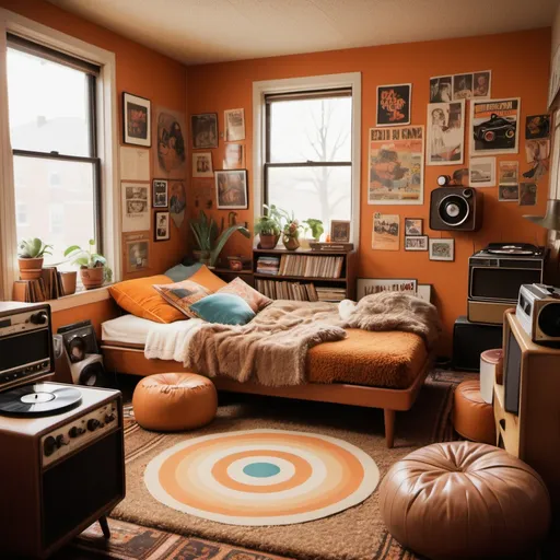 Prompt: (70's dorm room), colorful retro furnishings, vintage posters on walls, shag carpet, oversized bean bags, classic record player, warm and inviting ambiance, muted orange and brown color tones, soft natural light filtering through window, nostalgic items like instant cameras and typewriters, ultra-detailed, high quality, cozy atmosphere.