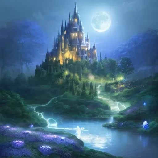 Prompt: Hill with glowing river, magical creatures, moonlit flowers, highres, fantasy, ethereal lighting, detailed nature, mystical, moonlit river, enchanting atmosphere, glowing flora, serene, dreamlike, fantasy creatures, moonlit scene, magical beings, surreal, whimsical, illuminated hill, mystical setting, moonlit landscape, fairytale, vibrant colors, soft moonlight