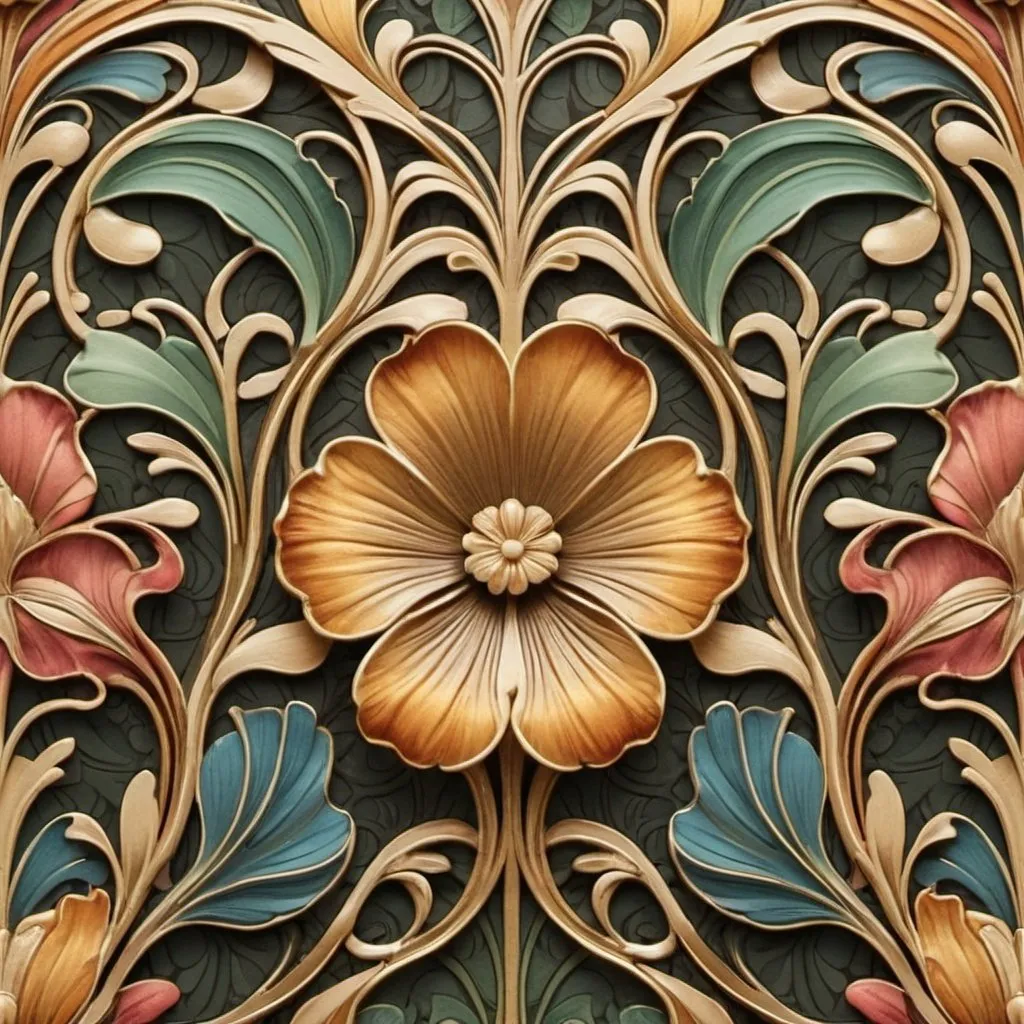 Prompt: Intricate Art Nouveau flower pattern, colorful, detailed design, elegant curves, organic lines, colorful tones, high quality, vintage, decorative, nature-inspired, rich textures, ornate details, luxurious, soft lighting, baroque style, vintage, decorative, luxurious, flowing lines, detailed, elegant, intricate design, colorful, organic lines, gold and earthy tones