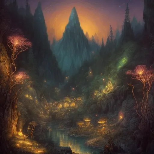 Prompt: Mountain with glowing river, in the style of rembrandt, magical creatures, fireflies, moonlit flowers, highres, fantasy, ethereal lighting, detailed nature, mystical, moonlit river, enchanting atmosphere, glowing flora, serene, dreamlike, fantasy creatures, moonlit scene, magical beings, surreal, whimsical, illuminated hill, mystical setting, moonlit landscape, fairytale, vibrant colors, soft moonlight, illustration, photograph