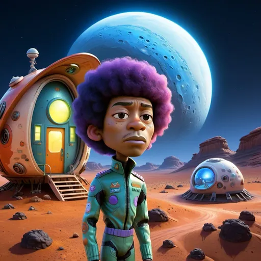 Prompt: Jimi Hendrix as a Martian standing in front of small dwelling on Mars, blue moonlight, detailed facial features, futuristic sci-fi illustration, vibrant colors, imaginative, highres, ultra-detailed, alien, LGBTQ+, unique design, atmospheric lighting, otherworldly, futuristic fashion, cosmic landscape