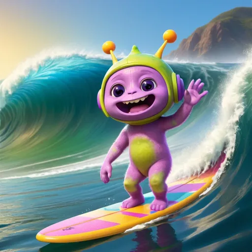 Prompt: Fantasy illustration of a cute furry alien like teletubbie-style multicolored alien creature riding a colorful surfboard on a large ocean wave in Malibu, hang ten, giving the hang ten sign, vibrant and colorful, high quality, fantasy, cute creature, surfboard, ocean wave, Malibu, vibrant colors, dynamic single foot pose, detailed illustration, fantasy style, cheerful atmosphere, sunny day, whimsical, magical lighting