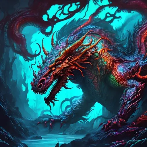 Prompt: Asian inspired multicolored dragon lurking in deep dark forest with trees and large pool of water, vibrant colors, swirling patterns, detailed scales and textures, high quality, digital painting, surreal, neon tones, otherworldly atmosphere, glowing eyes, multi-dimensional, intense and immersive, fantasy, psychedelic, vibrant colors, detailed scales, surreal, neon tones, immersive lighting