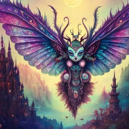 Prompt: mean and evil Fantasy creature,  bohemian with mystical eerie landscape, flying magic insects, kawaii chibi, detailed eyes, vibrant colors, intricate patterns, highres, mystical, whimsical, bohemian, vibrant colors, retro, chibi, celestial, intricate patterns, magic