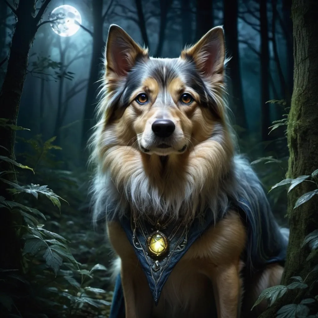 Prompt: Wizard's dog prowling in the deep forest at night, moonlit, mystical fantasy style, detailed fur with magical gleam, intense and focused gaze, highres, ultra-detailed, fantasy, mystical, detailed eyes, atmospheric lighting, moonlit, deep forest, magical fur, professional