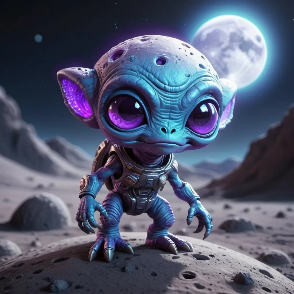 Prompt: ((best quality)), ((illustration)), ((masterpiece)), bright  colors, unreal engine, highres, cute alien creature on the surface of the moon, glowing blue and purple; highly detailed