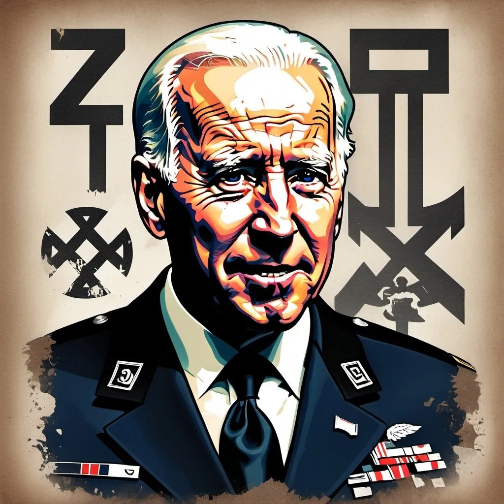 Prompt: Joe Biden as Nazi SS officer, dark expression, smoking a joint, evil intent, gritty texture, beard growth, distressed design, bold typography, dark and ominous color palette, decaying visuals, aged paper effect, high contrast, gritty details, professional, highres, dark and ominous, distressed design, bold typography