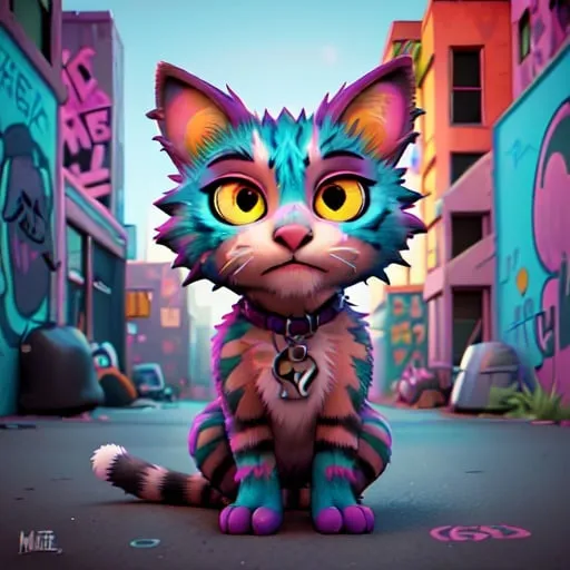 Prompt: wild punk street cat, urban setting, vibrant colors, graffiti-covered walls, exaggerated features, intense gaze, high-quality, detailed fur, surreal, punk, vibrant, urban, graffiti, intense gaze, exaggerated features, professional, atmospheric lighting