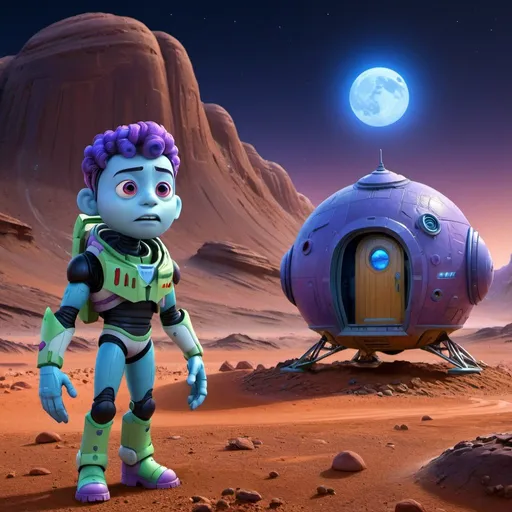 Prompt: Prince as Martian standing in front of small dwelling on Mars, blue moonlight, detailed facial features, futuristic sci-fi illustration, vibrant colors, imaginative, highres, ultra-detailed, alien, LGBTQ+, unique design, atmospheric lighting, otherworldly, futuristic fashion, cosmic landscape