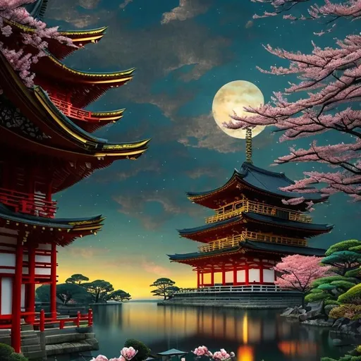 Prompt: Capture the breathtaking beauty of a sunset over japanese temple at sunset with cherry blossoms, in a symbolic and meaningful style, insanely detailed and intricate, hypermaximalist, elegant, ornate, hyper realistic, super detailed with vibrant hues painting the sky and reflecting off the calm waters., HD, Effervescent, magical creatures, fireflies, moonlit flowers, highres, fantasy, ethereal lighting, detailed nature, mystical, moonlit river, enchanting atmosphere, glowing flora, serene, dreamlike, fantasy creatures, moonlit scene, magical beings, surreal, whimsical, illuminated hill, mystical setting, moonlit landscape, fairytale, vibrant colors, soft moonlight, illustration, photograph