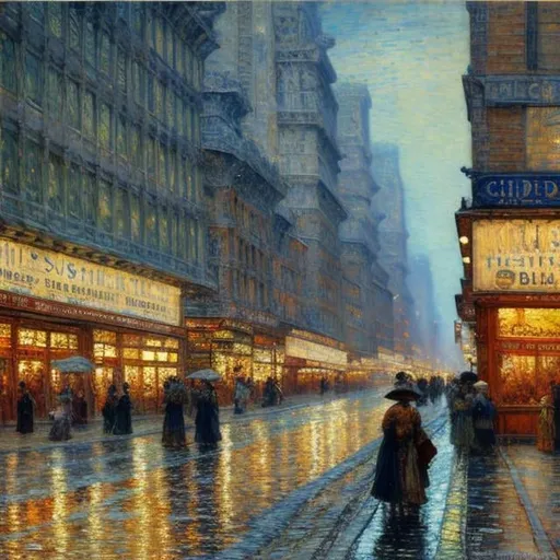 Prompt: Childe Hassam style painting of a bustling city street, impressionist brushwork, vibrant colors, mixes of blues and greens, bustling atmosphere, detailed architecture, lively street scene, high quality, impressionism, vibrant colors, bustling street, detailed architecture, atmospheric lighting