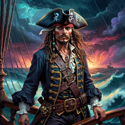 Prompt: Psychedelic contemporary artwork of close up view of mean looking gnarly pirate captain standing on the deck of his pirate ship, far out at sea in tremendous storm at night, Nicole Wharton's transformation, centered, painted, symmetry, intricate, volumetric lighting, dan mumford, marc simonetti style, astrophotography, rich deep colors, ultra detailed, sharp focus, beautiful masterpiece, psychedelic, contemporary, transformation, symmetry, intricate details