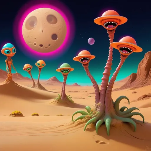 Prompt: violent bright Moon storm , Rolling Stones aliens cartoon creatures , sand storm action on the sand waves on Mars, vibrant colors, playful demeanor, alien flowered landscape, otherworldly plants, best quality, high resolution, vibrant, cartoon, cute, whimsical, otherworldly, playful, expressive eyes, alien landscape, vibrant colors, professional
