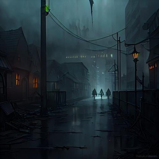 Prompt: street scene in a gutter city, digital art, mystical aura, haunting landscape, eerie atmosphere, high quality, detailed, ethereal, urban decay, dark and moody, atmospheric lighting, cool tones, ghostly, haunting, haunting eyes, spectral, mysterious, city lights, broken environment