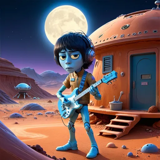 Prompt: Jeff Beck playing his guitar as a Martian standing in front of small dwelling on Mars, blue moonlight, detailed facial features, futuristic sci-fi illustration, vibrant colors, imaginative, highres, ultra-detailed, alien, LGBTQ+, unique design, atmospheric lighting, otherworldly, futuristic fashion, cosmic landscape