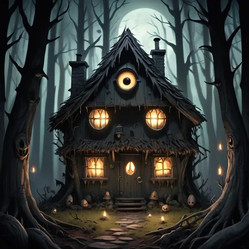 Prompt: Spooky woodland goon with eerie glowing eyes, thick wooded stand of trees, small cottage with firelight glowing in windows, muted moonlight, deep forest, high quality, dark and eerie, detailed eyes, atmospheric lighting