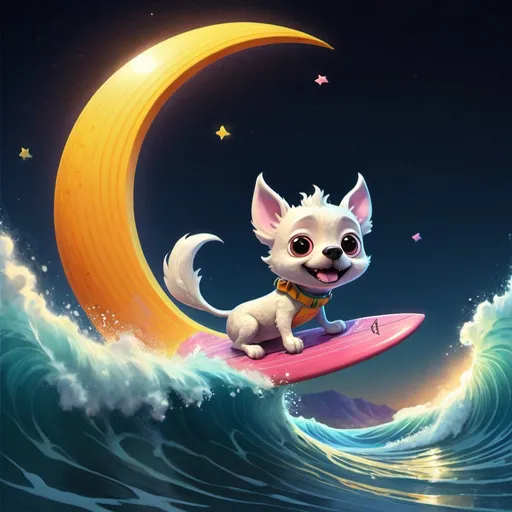 Prompt: Fantasy illustration of a cute moon doggie creature surfing on the moon ocean, vibrant and colorful, high quality, fantasy, cute creature, surfboard, ocean wave, vibrant colors, dynamic pose, detailed illustration, fantasy style, cheerful atmosphere, sunny day, whimsical, magical lighting