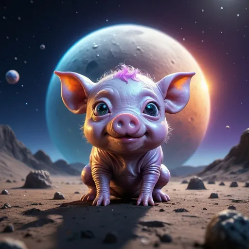 Prompt: ((best quality)), ((illustration)), ((masterpiece)), bright  colors, unreal engine, highres, cute alien creature on the surface of the moon, with tiny pet pig, glowing blue orange and purple; meteor shower in background, highly detailed