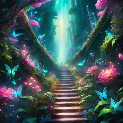 Prompt: Ethereal sci-fi illustration of a stairway to heaven, otherworldly, fireflies and fairy creatures,  ethereal, futuristic sci-fi setting, multicolored pinks, blues and greens, vibrant glowing flora and fauna, highres, ultra-detailed, sci-fi, ethereal, mysterious path, otherworldly creatures, futuristic, vibrant glowing, high quality, atmospheric lighting