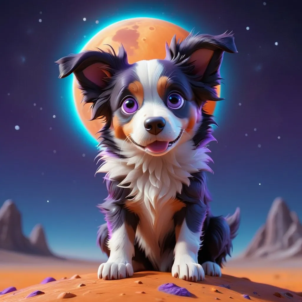 Prompt: ((best quality)), ((illustration)), ((masterpiece)), bright  colors, unreal engine, highres, cute alien border collie puppy creature on the surface of the moon, glowing blue orange and purple; meteor shower in background, highly detailed