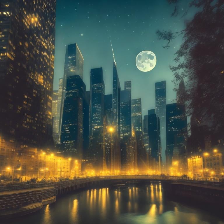 Prompt: NY City skyline at night with moonlit river, enchanting atmosphere, glowing flora, serene, dreamlike, fantasy, hi-res, fantasy