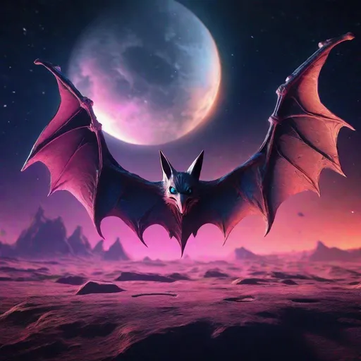 Prompt: Eerie, Alien looking bat on the surface of the moon, fantasy, unreal engine, highly detailed, best quality, highres, bright colors, glowing blue orange and pink, meteor shower in background, illustration, masterpiece, atmospheric lighting, surreal, futuristic, detailed wings, lunar surface, alien, vibrant tones, otherworldly, intense colors, vibrant atmosphere