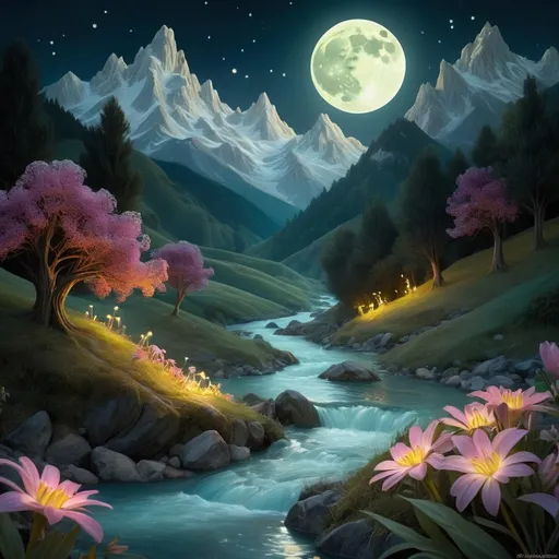 Prompt: Mountain with glowing river, in the style of Sandro Botticelli, magical creatures, fireflies, moonlit flowers, highres, fantasy, ethereal lighting, detailed nature, mystical, moonlit river, enchanting atmosphere, glowing flora, serene, dreamlike, fantasy creatures, moonlit scene, magical beings, surreal, whimsical, illuminated hill, mystical setting, moonlit landscape, fairytale, vibrant colors, soft moonlight, illustration, photograph