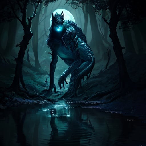 Prompt: Moonlit forest scene with eerie lizard creature, detailed water ripples, highres, detailed scales, atmospheric lighting, moonlit, stars reflecting, deep forest, mysterious ambiance, night scene, dark and mysterious, detailed eyes, detailed fur, professional, eerie, high-quality